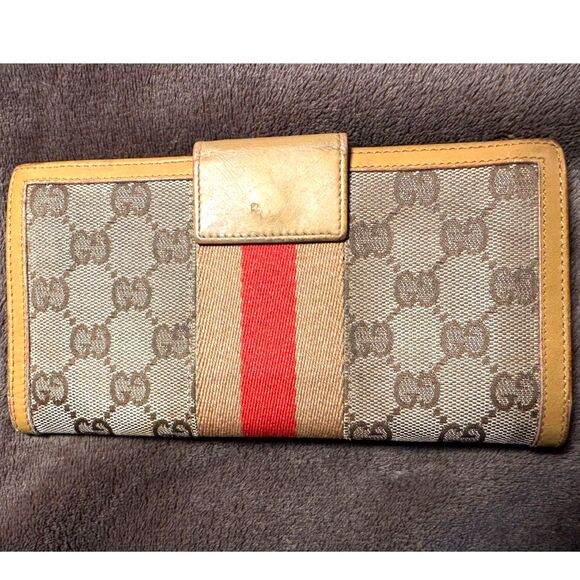Gucci Vintage Sherry Line Tan and Red Long Wallet - Picture 2 of 5